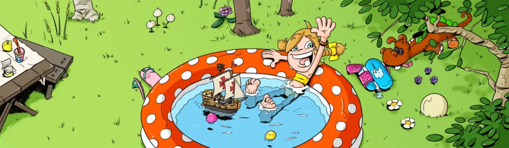 On voit Thérébentine se rafraichir dans sa piscine et Bernardo faire la sieste à l'ombre des arbres.