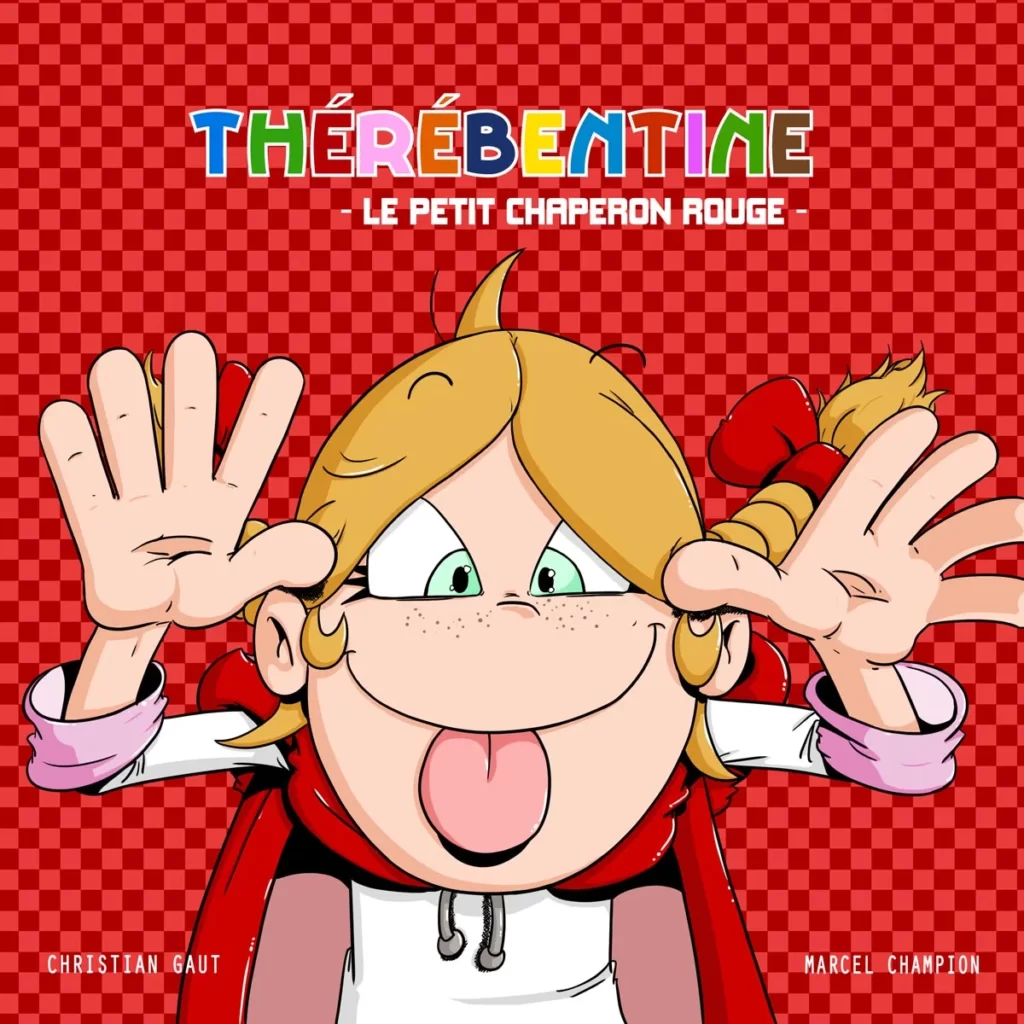 On voit Thérébentine faire une grimace avec en fond un damier rouge.