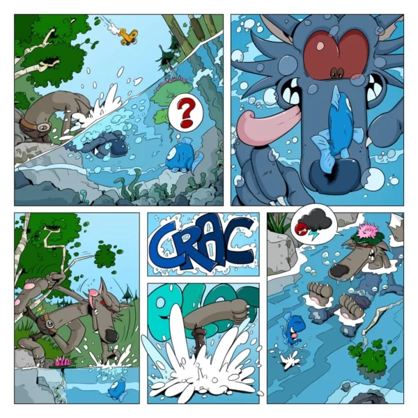 On voit le loup en train d'essayer d'attraqper un poisson dans la rivière, mais il finit le museau dans l'eau.