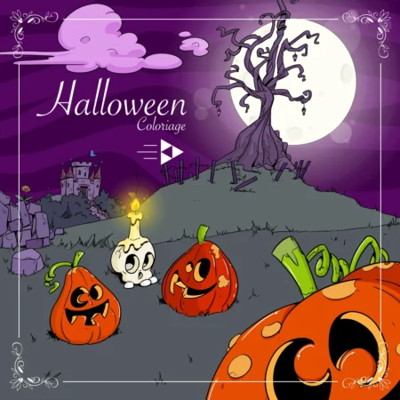Couverture de l'album de coloriage Halloween à imprimer : des citrouilles décorées sortent au clair de lune.