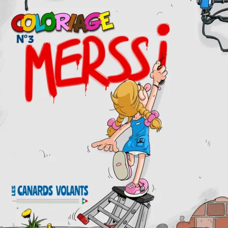 Couverture de l'album de coloriage Merci à imprimer : Thérébentine écrit « Merci » sur un mur à la bombe de peinture rouge.
