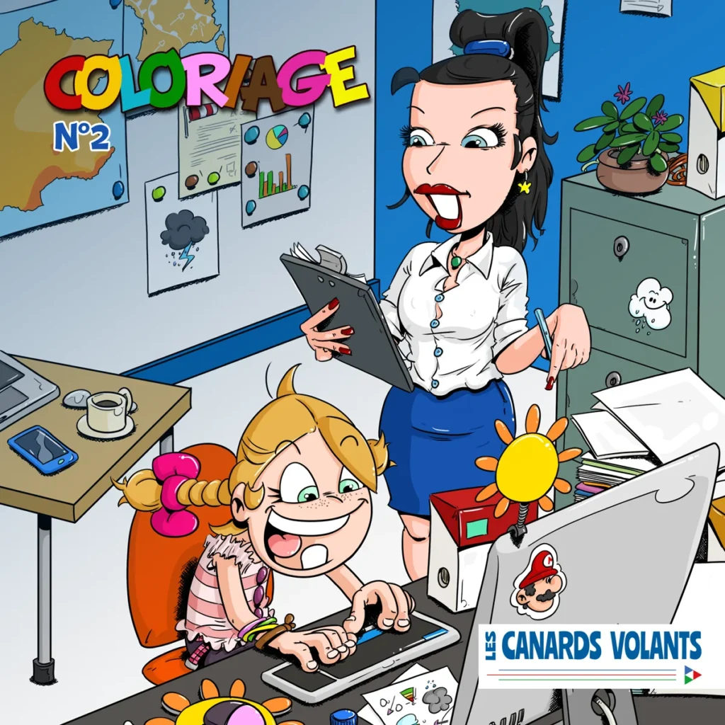 Couverture de l'album de coloriage Pluie et Météo à imprimer : Virginie Hilssone et Thérébentine préparent la carte météo du lendemain.