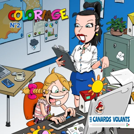 Couverture de l'album de coloriage Pluie et Météo à imprimer : Virginie Hilssone et Thérébentine préparent la carte météo du lendemain.