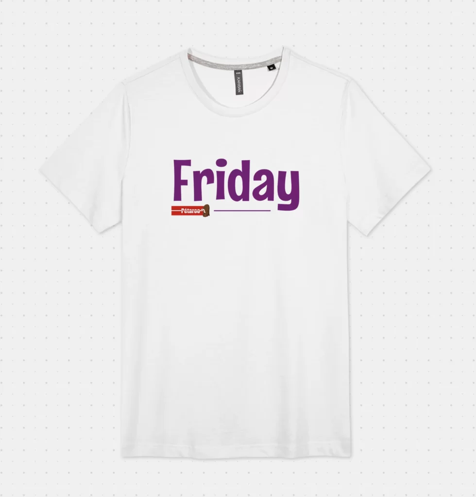 Visuel du tee shirt Friday de Pétaroo. Tee-shirt blanc et inscription violette.