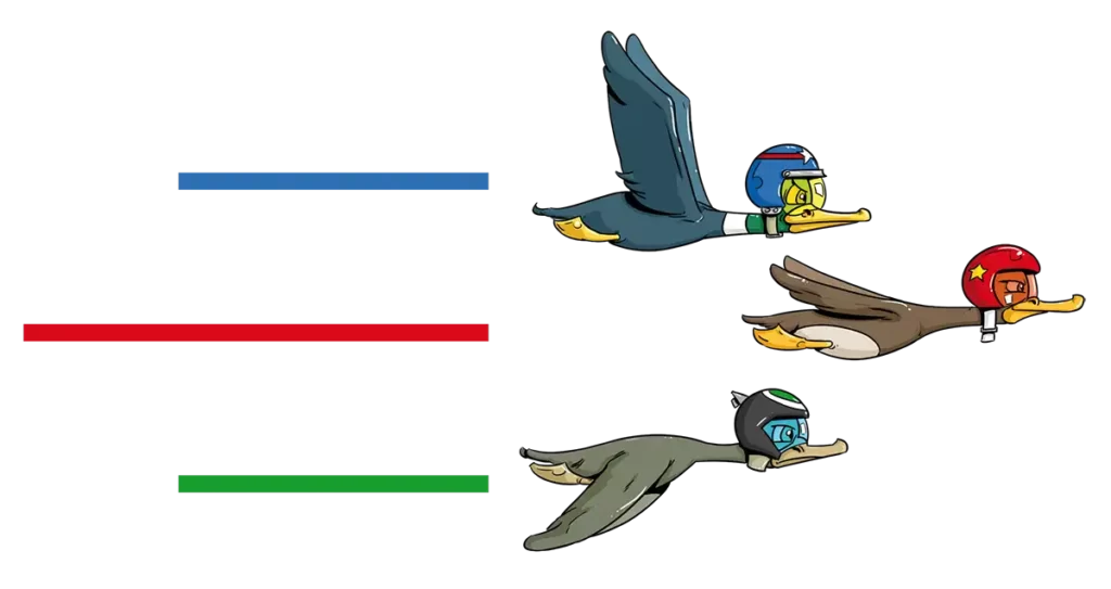 Dessin du logo des canards volants avec les trois canards casqués.