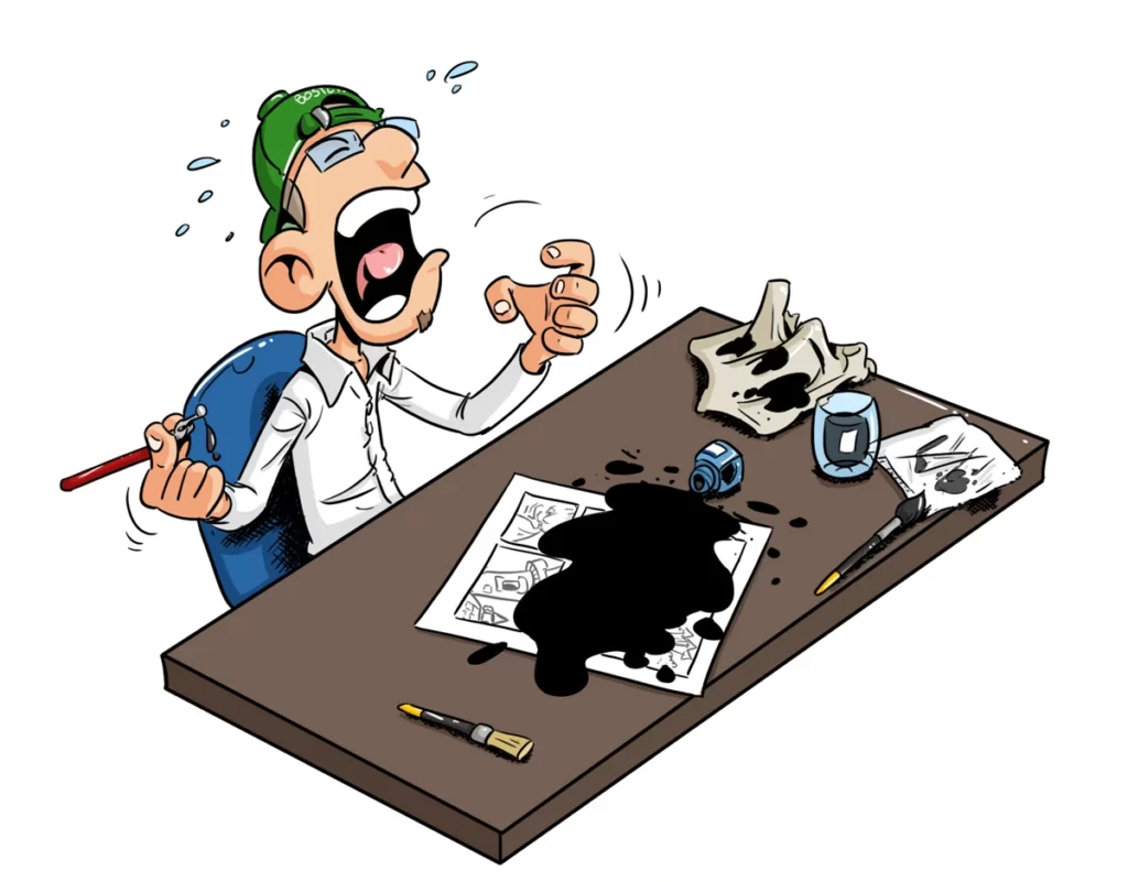 Dessin de Wilfried en train d'encrer une planche de Thérébentine avec un pot d'encre de chine qui s'est renversé sur la page.