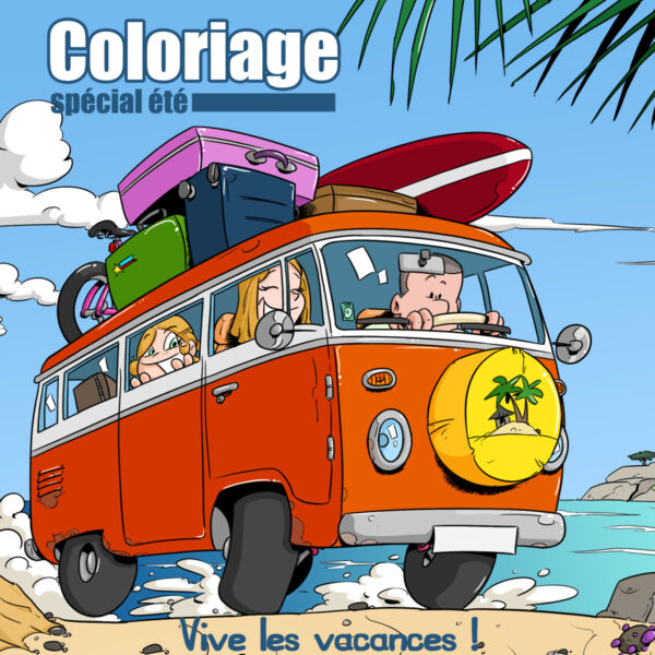 Dessin de la couverture de l'album de coloriage spécial été avec en gros plan le van de Thérébentine et sa famille, et sur le toit du van, les valises, un vélo, une planche de surf...