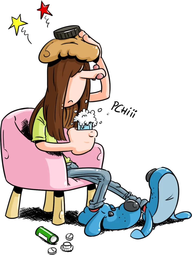 Dessin en couleur de Pétaroo assis dans un fauteuil rose Penn en train de boire une aspirine et avec un sac de de glace sur la tête car il a mal à la tête.
