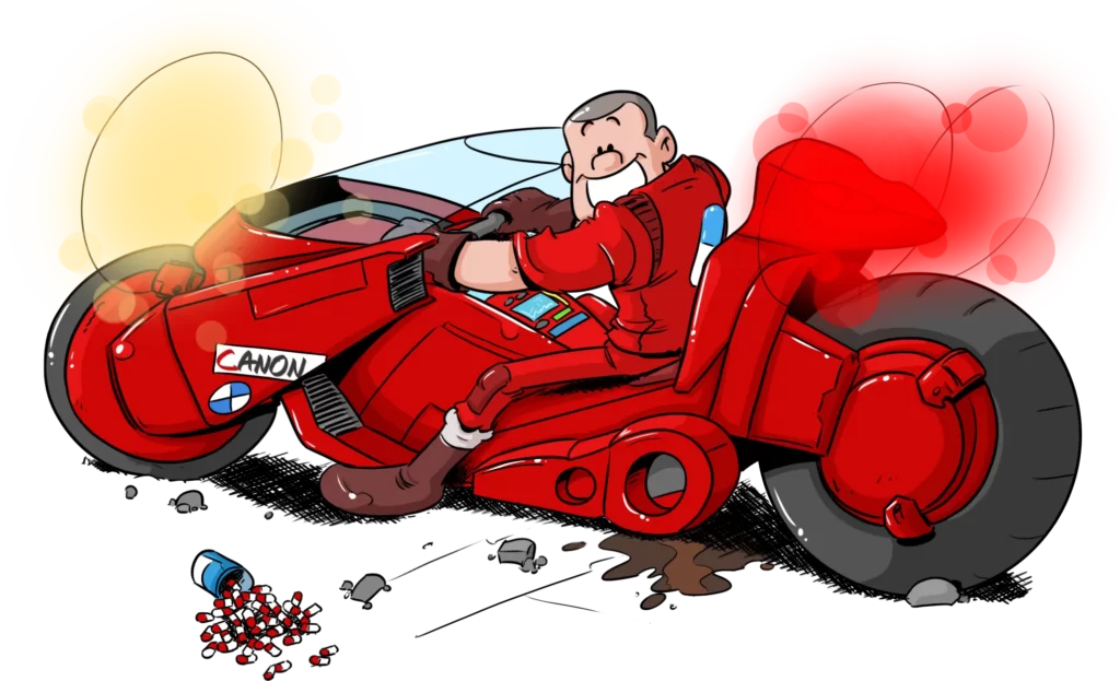 Dessin montrant le papa de Pétaroo sur la moto de Kaneda, le personnage principal du manga Akira.