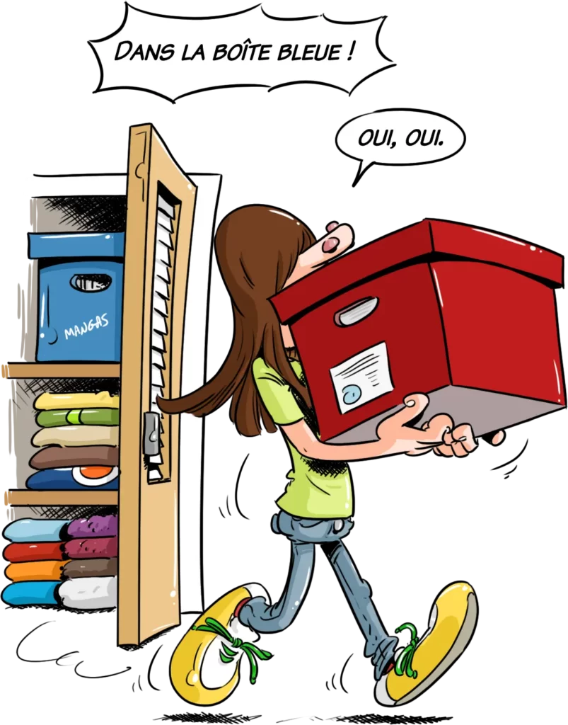 Dessin de Pétaroo sortant de la chambre de ses parents avec une grosse boite rouge dans les bras.