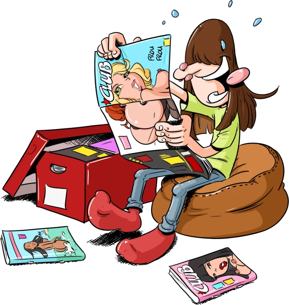 Dessin de Pétaroo qui mate les magazines cochons de son père.