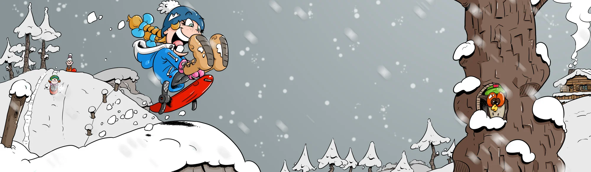 Dessin de Thérébentine qui fait de la luge avec ses copains Idrogène et un autre petit gars. On voit Thérébentine au premier plan sur sa luge en train de sauter sur une bosse. Au fond Idrogène entame la descente. Sur la droite de l'image dans un vieil arbre on voit une chouette avec un bonnet sur la tête. Il y a beaucoup de neige.