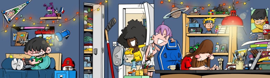 Dessin de Pétaroo et ses amis, Eddy, Zitoune et Polen. Pétaroon travaille sur son manga à son bureau, Polen le regarde faire. Eddy joue à la console sur le lit et Zitoune débarque dans la pièce en trombe.