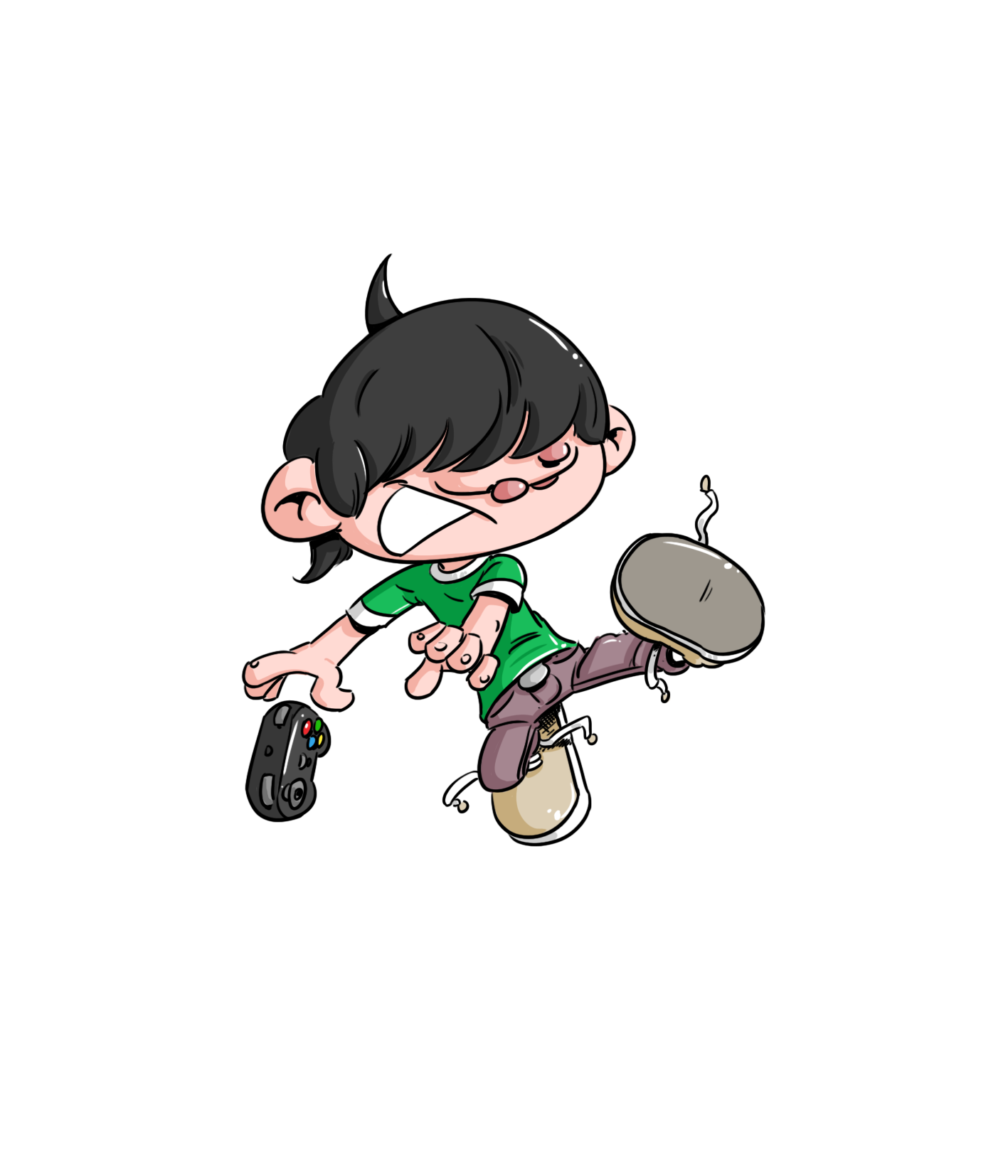 Dessin du personnage d'Eddy, le pote geek de Pétaroo. Il est en train de faire une figure de kung fu avec une manette de playstation à la main.