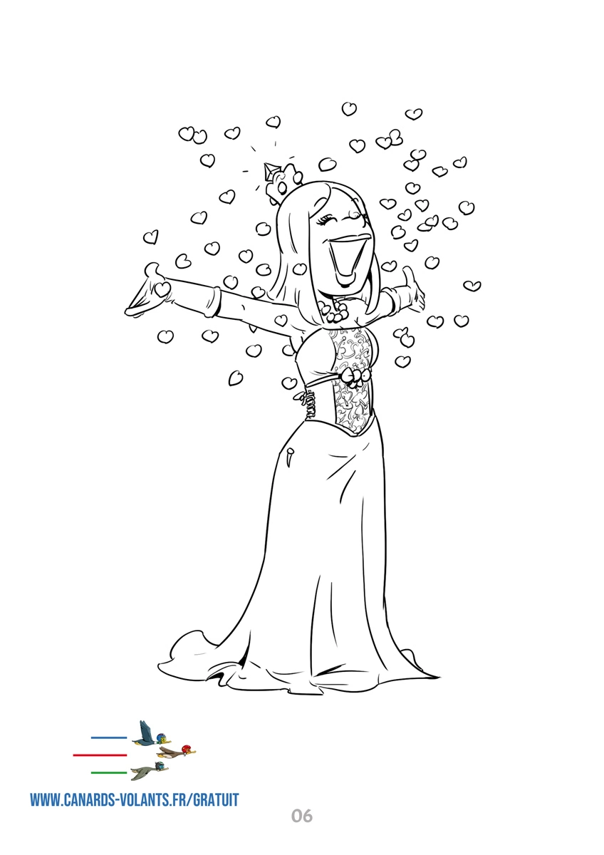 Coloriage de princesse à imprimer : Dessin à l'encre de la maman de Thérébentine et Pétaroo avec un costume de princesse qui distribue des petits coeur autour d'elle.