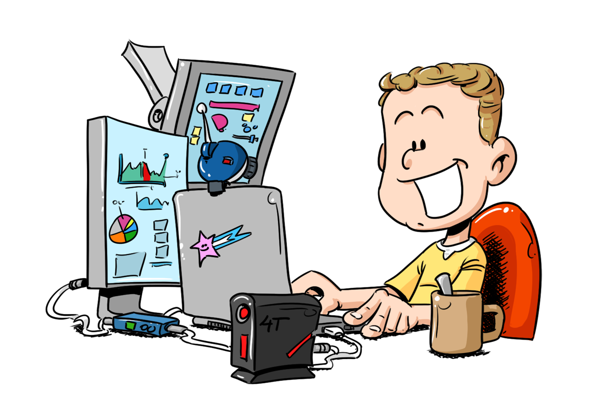 Olivier Ausems Dessin du personnage d'Olivier en train de travailler devant ses ordinateurs avec une tasse de thé à coté de lui.