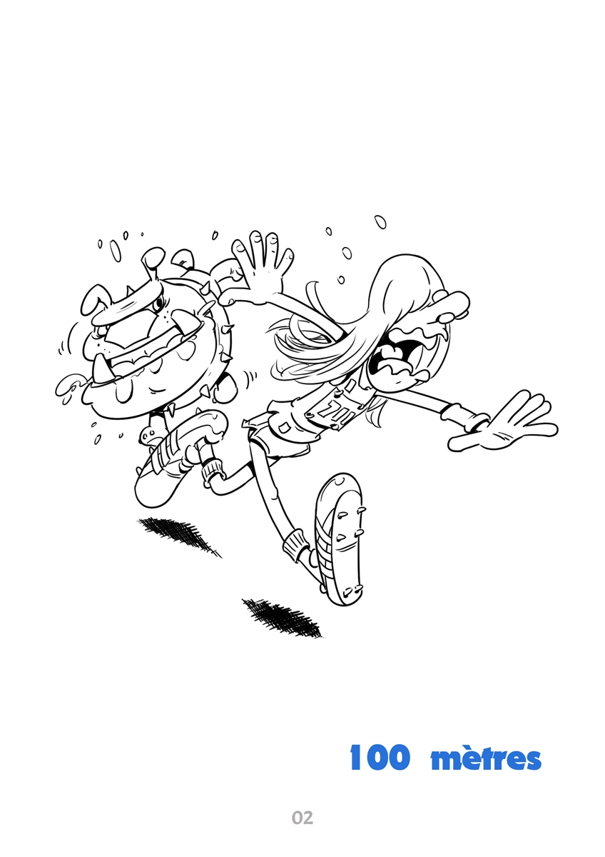 Coloriage de course à pied à imprimer : dessin au trait de Pétaroo à l'entraînement pour le 100 mètres, à colorier.