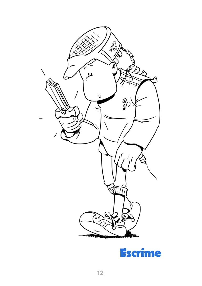 Coloriage de sport à imprimer : dessin au trait du papa de Thérébentine et Pétaroo habillé en escrimeur en tenue complète prêt pour son tournoi, à colorier.