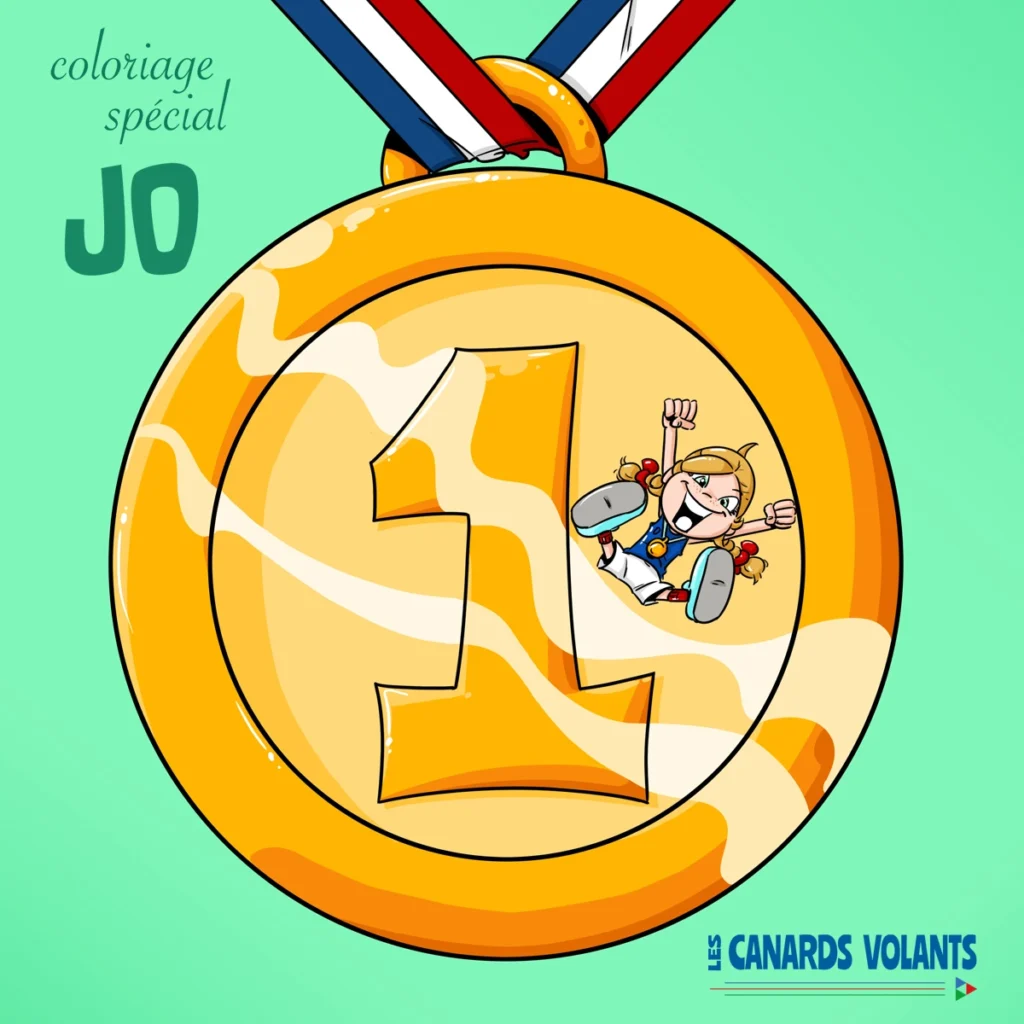 Couverture de l'album de coloriage Sport et Jeux Olympiques à imprimer avec Thérébentine sur la médaille d'or.