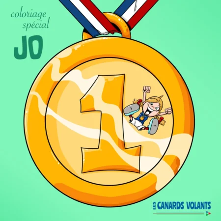 Couverture de l'album de coloriage Sport et Jeux Olympiques à imprimer avec Thérébentine sur la médaille d'or.