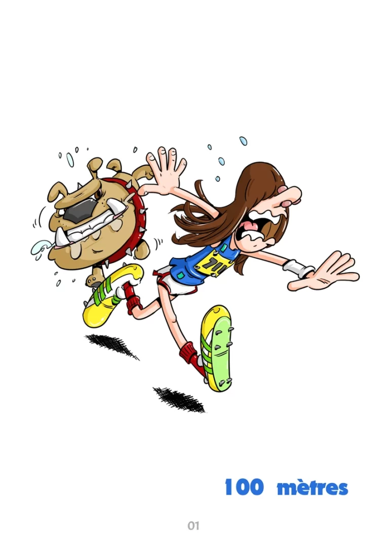 Personnage sur une piste de course, illustration couleur — exemple de coloriage publicitaire personnalisé
