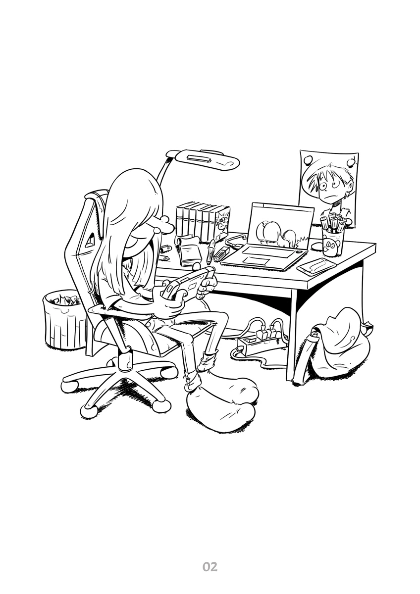 Coloriage manga à imprimer : dessin au trait de Pétaroo le mangaka à son bureau, une console à la main, à colorier.