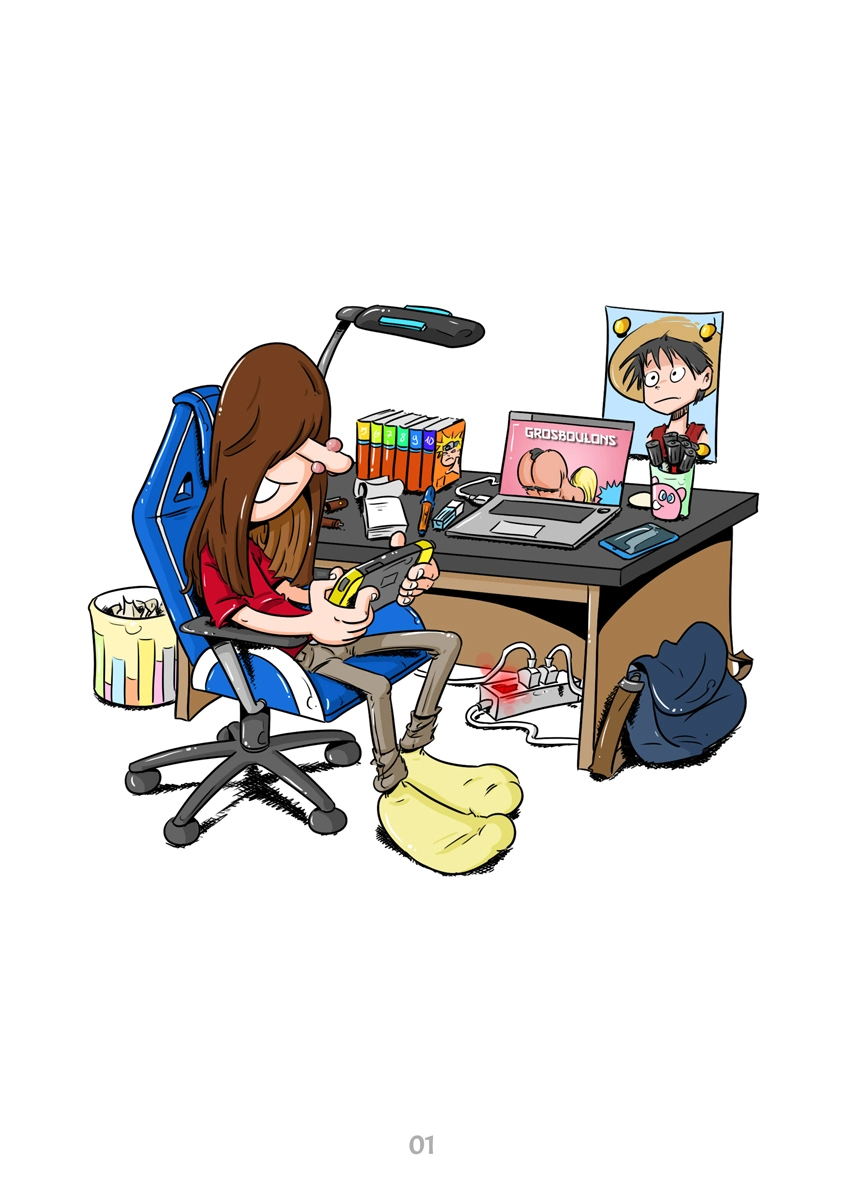 Coloriage manga, modèle en couleur : Pétaroo à son bureau en train de jouer à la Nintendo Switch au lieu de dessiner, version colorée à suivre.