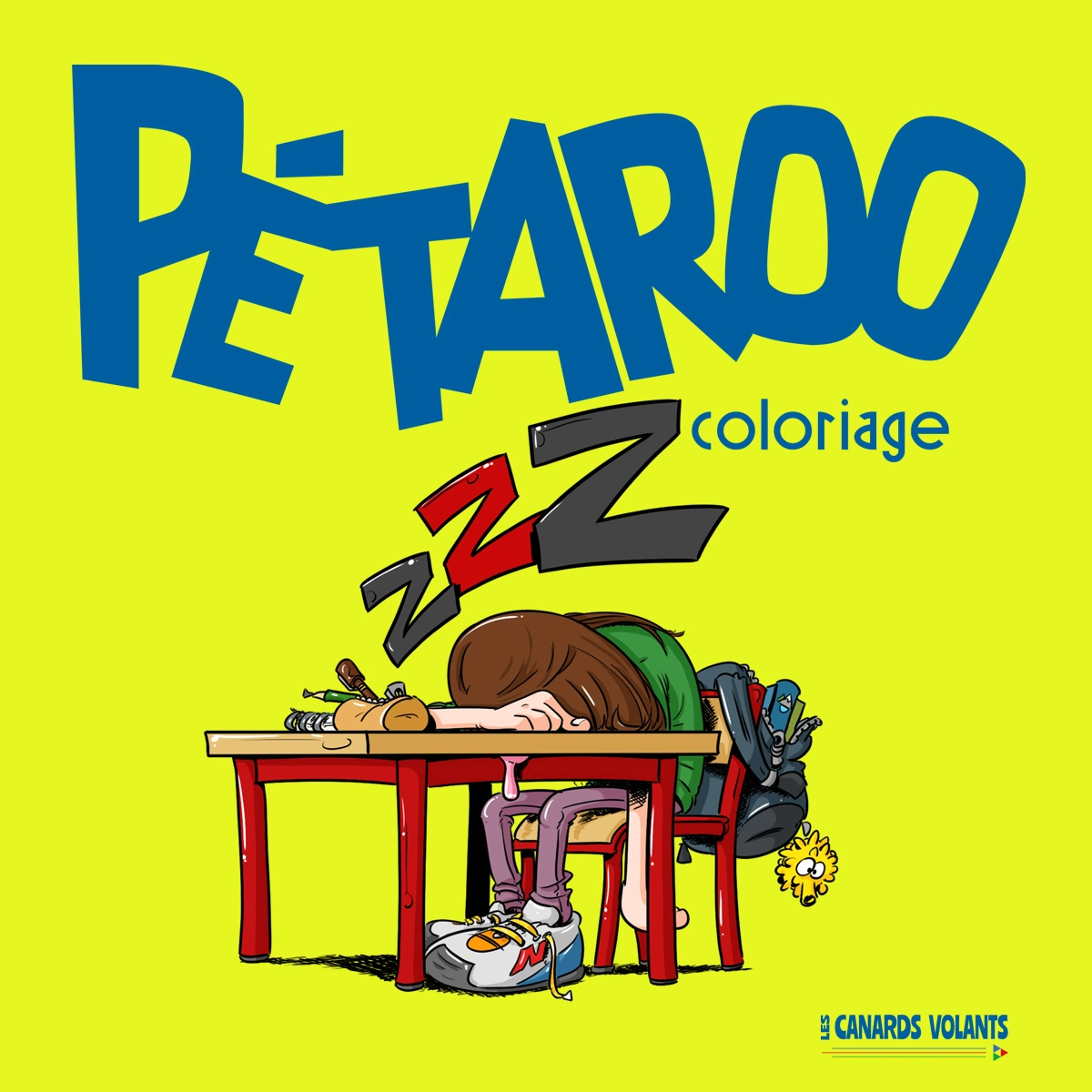 Couverture de l'album de coloriage manga Pétaroo à imprimer : Pétaroo endormi sur son bureau en classe.