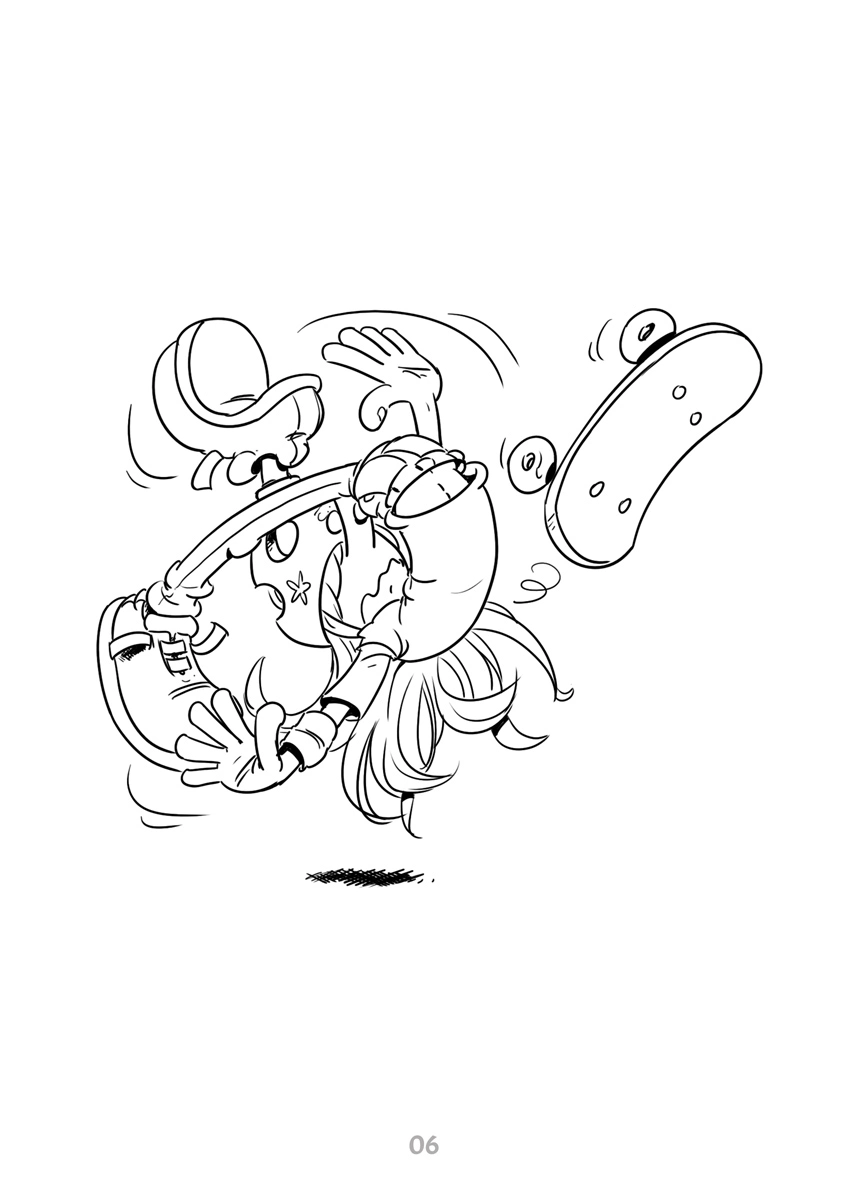 Coloriage de skateboard à imprimer : dessin au trait de Pétaroo qui tombe de sa planche à l'entraînement, à colorier, mais il y a encore du travail à faire car il est en train de tomber.