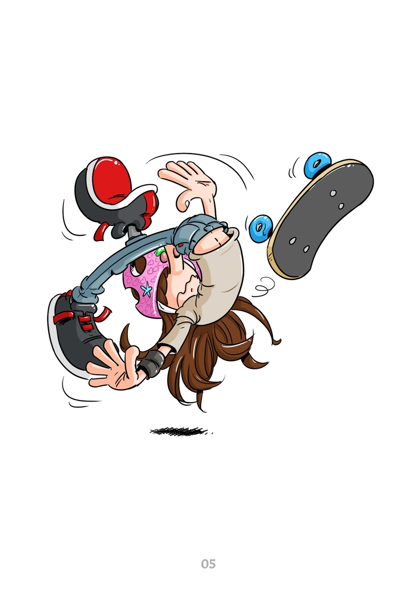 Coloriage de skateboard, modèle en couleur : Pétaroo et sa planche, version colorée à suivre pour ton coloriage.