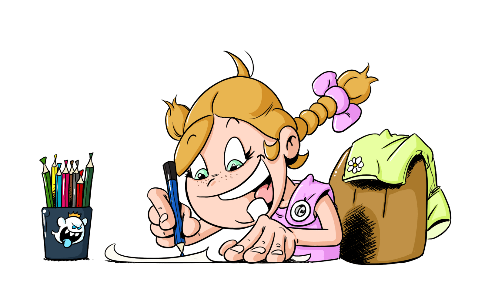 Dessin en couleur de Thérénbentine assise à son bureau en train de colorier un dessin. Elle a à sa disposition plein de crayons de couleur dans rangés dans un verre.