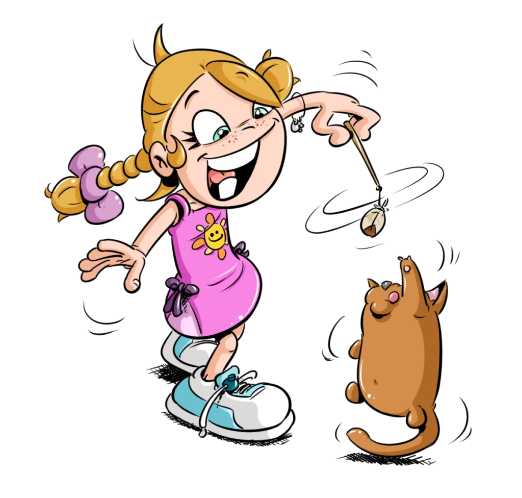 Dessin en couleur de Thérébentine en train de jouer avec son chat Newton. elle agite une plume au dessus de lui et il essai ede l'attraper.