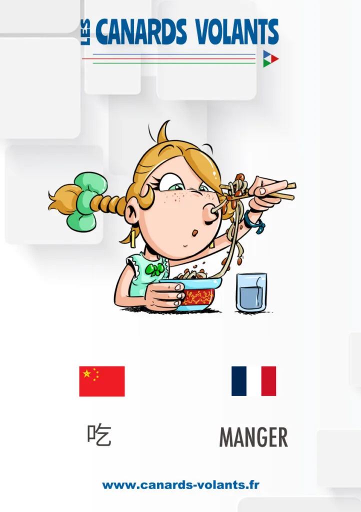 Dessin de Thérébentine en train de manger un bol de nouilles chinoises avec des bagettes. En dessous du dessin il y a le mot chinois et fançais pour désigner le verbe manger.
