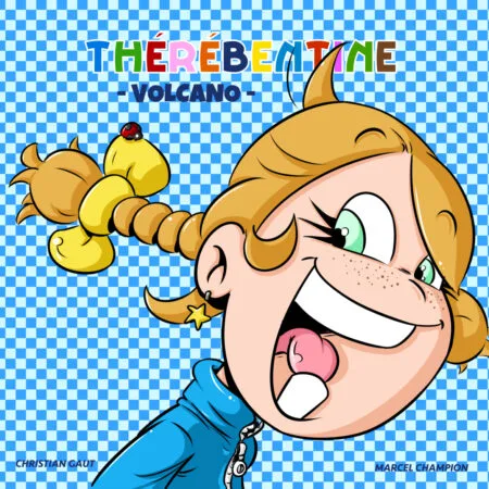 Image de la couverture du cinquième album de Thérébentine qui s’intitule Volcano. On y voit en gros plan le visage souriant de Thérébentine avec une petite coccinelle posée sur un des noeuds qui attache ses cheveux. Le fond est un quadrillage bleu foncé et bleu clair.