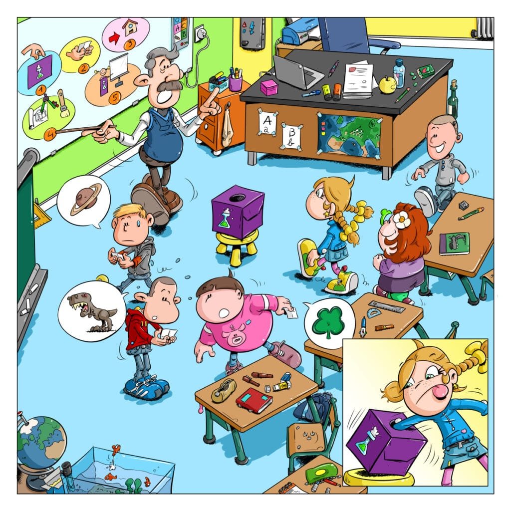 Image de la première page de Volcano le cinquième album de Thérébentine. On y voit une salle de classe avec des élèves qui vont piocher dans une urne le sujet d'un devoir de science à faire pour le lendemain. Un élève a tiré au hasard, les dinosaures, un autres les planètes. C'est au tour de Thérébentine de choisir. Sur la seconde vignette on voit qu'elle met sa main dans la boite pour choisir son sujet.