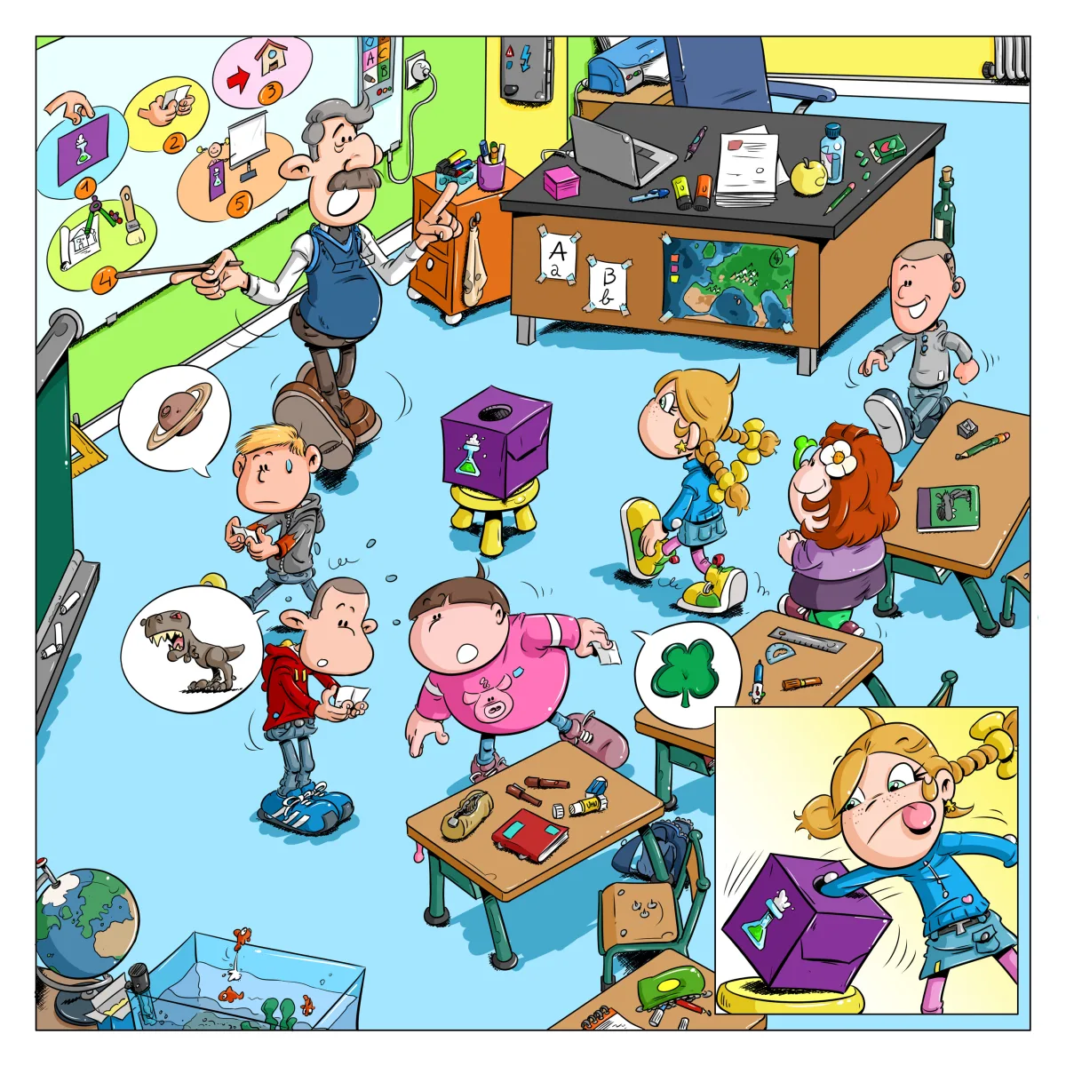 Image de la première page de Volcano le cinquième album de Thérébentine. On y voit une salle de classe avec des élèves qui vont piocher dans une urne le sujet d'un devoir de science à faire pour le lendemain. Un élève a tiré au hasard, les dinosaures, un autres les planètes. C'est au tour de Thérébentine de choisir. Sur la seconde vignette on voit qu'elle met sa main dans la boite pour choisir son sujet.