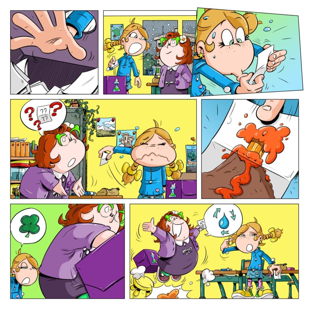 Image de la seconde page de Volcano, le cinquième album de Thérébentine. On voit sur les vignettes que Thérébentinevient de tirer un sujet de science à faire pour le lendemain. À sa tête, on se dit que le sujet ne lui convient pas trop, voire pas du tout. Il s'agit pour elle de faire un exposé sur les volcans accompagné d'une maquette. De son coté, sa copine Idrogène doit faire la même chose mais sur le cycle de l'eau, ce qui semble la ravir. Thérébentine a du mal à comprendre pourquoi.