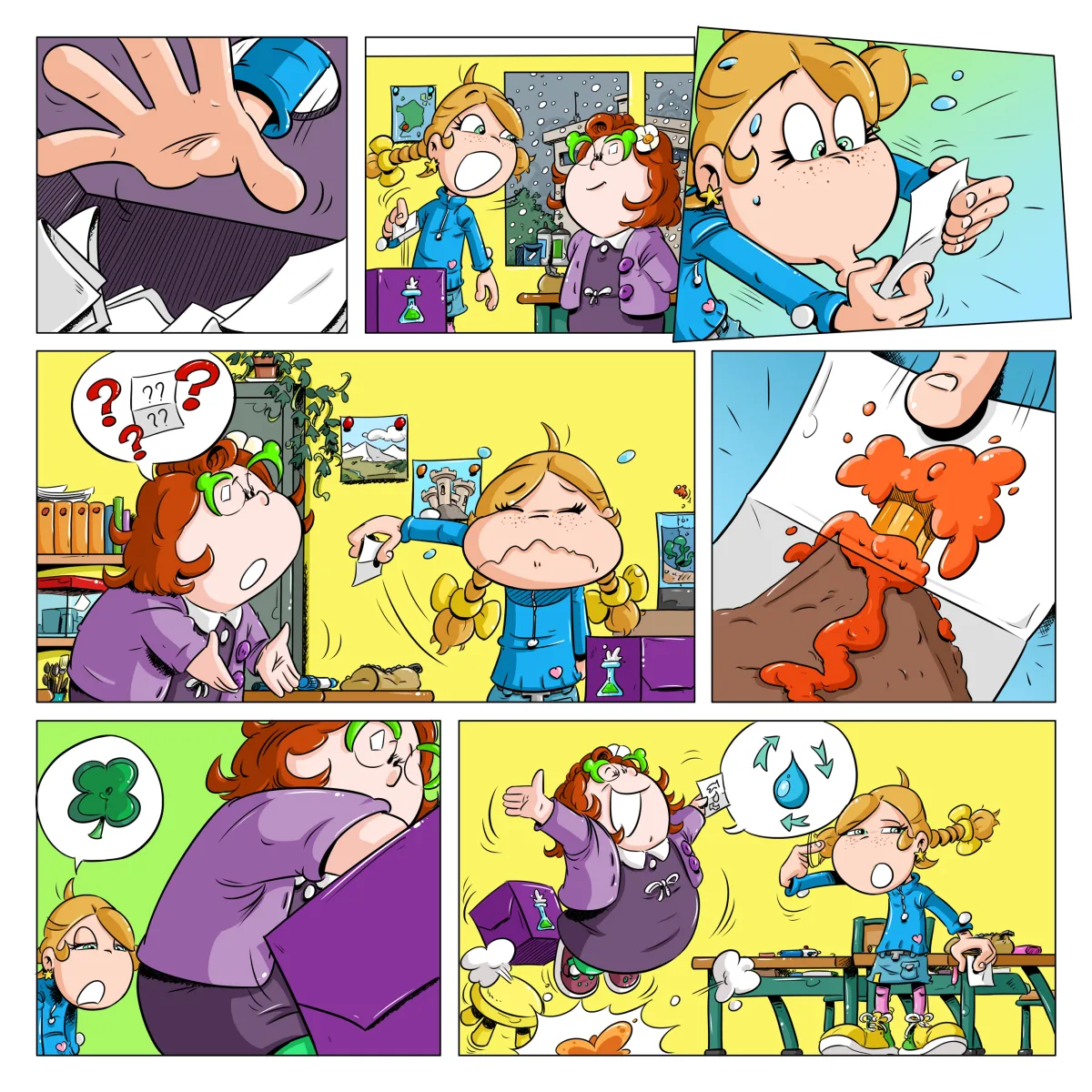 Image de la seconde page de Volcano, le cinquième album de Thérébentine. On voit sur les vignettes que Thérébentinevient de tirer un sujet de science à faire pour le lendemain. À sa tête, on se dit que le sujet ne lui convient pas trop, voire pas du tout. Il s'agit pour elle de faire un exposé sur les volcans accompagné d'une maquette. De son coté, sa copine Idrogène doit faire la même chose mais sur le cycle de l'eau, ce qui semble la ravir. Thérébentine a du mal à comprendre pourquoi.