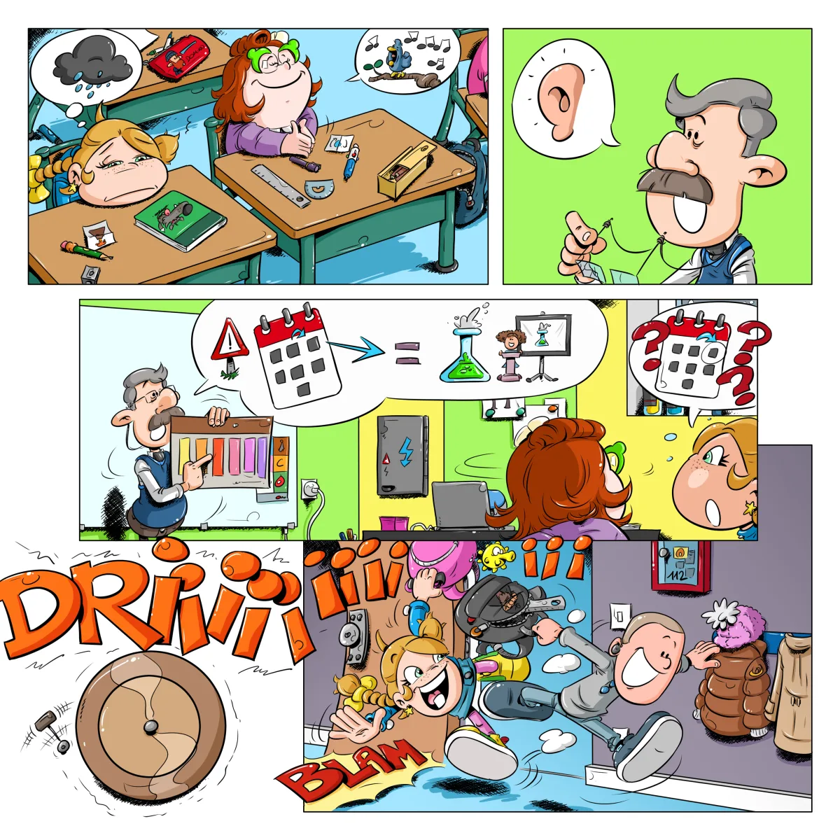 image de la troisième page de Volcano, le cinquième album de Thérébentine. On y voit Thérébentine qui déprime à l'idée de devoir faire son exposé sur les Volcans pour le lendemain, Idrogène qui elle est ravie. Leur professeur leur rappelle que l'exposé et la maquette doivent être prêts pour le lendemain. c'est à ce moment là que la sonnerie se déclenche. fin de l'école. Thérébentine et ses amis retrouvent tous le sourire et courent en trombe vers la sortie.