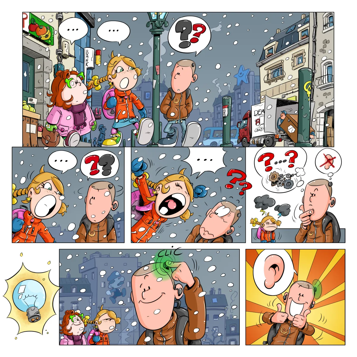 Image de la quatrième page de Volcano, le cinquième tome de Thérébentine. On voit Thérébentine, Idrogène et Mikroone marcher dans la rue. Quelques flocons de neige commencent à tomber. Thérébentine parle à Mikroonde mais celui ci ne semble pas entendre ou comprendre. Thérébentine parle de plus en plus fort, jusqu'à crier. Mikoonde n'entend toujours rien. Sur la dernière vignette on s'aperçoit qu'il est sourd et qu'il n'avait pas branché son appareil.