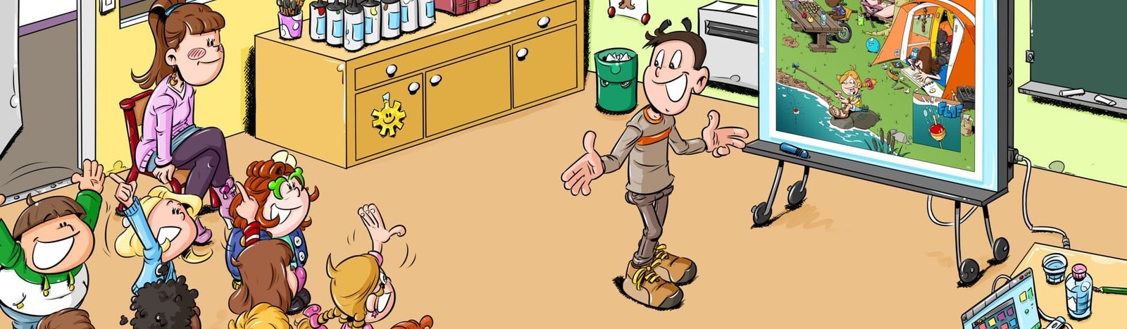 Illustration de Christian présentant la BD Thérébentine à une classe d'enfants — une bande dessinée sans texte qui stimule l'imagination et l'inférence, éditions Canards Volants.