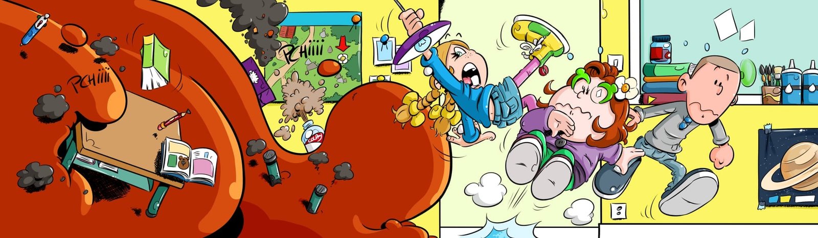 Bandeau promotionnel de Thérébentine #05 – Volcano : une coulée de lave envahit une chambre d'enfant tandis que Thérébentine, Idrogène et leur ami Mikkro-onde s'enfuient en courant, dans le style BD dynamique et coloré de la série sans texte des éditions Canards Volants.