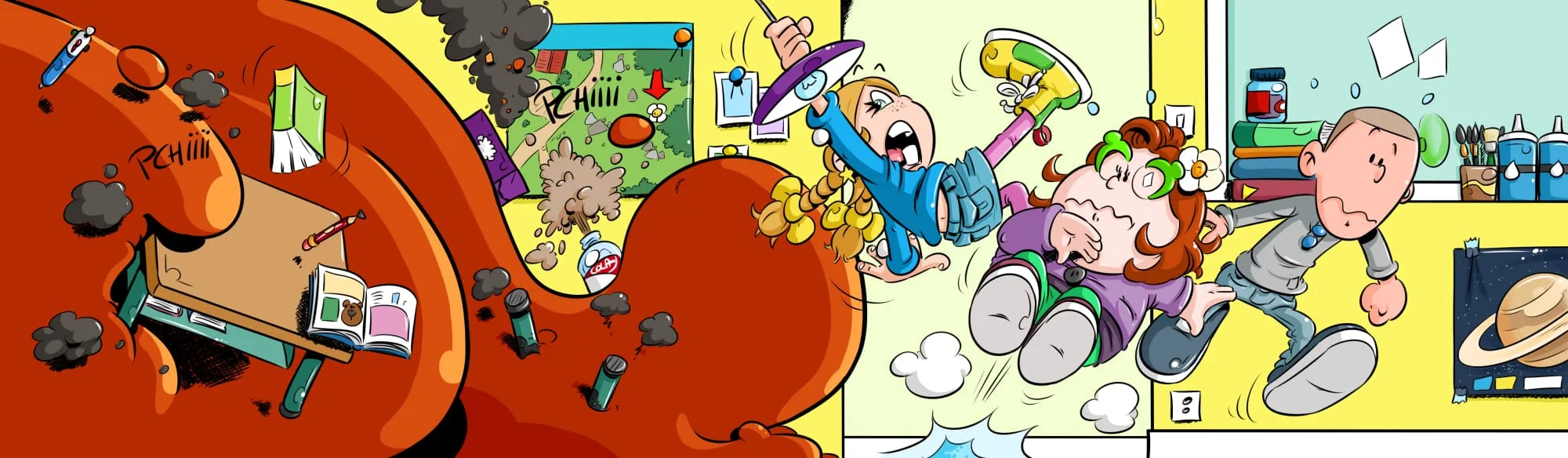 Bandeau promotionnel de Thérébentine #05 – Volcano : une coulée de lave envahit une chambre d'enfant tandis que Thérébentine, Idrogène et leur ami Mikkro-onde s'enfuient en courant, dans le style BD dynamique et coloré de la série sans texte des éditions Canards Volants.