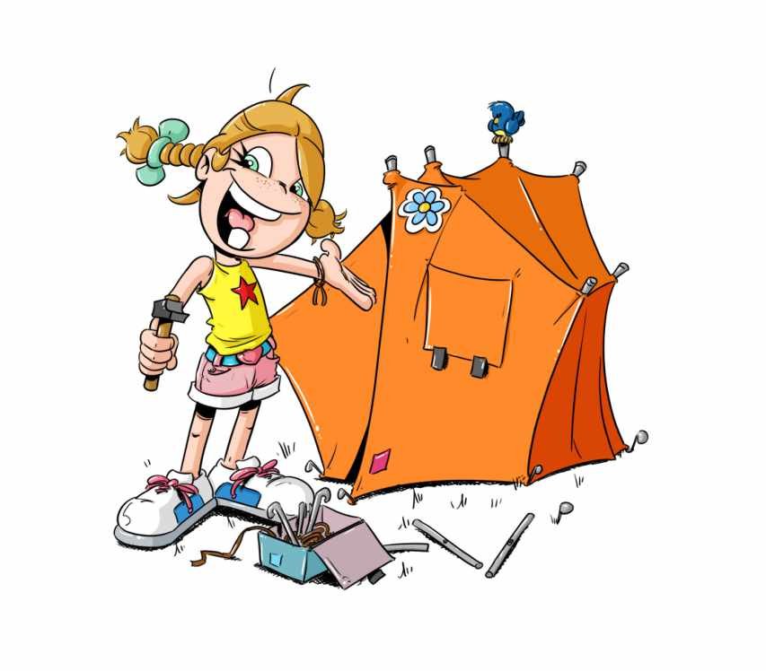 Coloriage d'été à imprimer, modèle en couleur : Thérébentine monte une tente de camping orange, un oiseau bleu perché dessus.