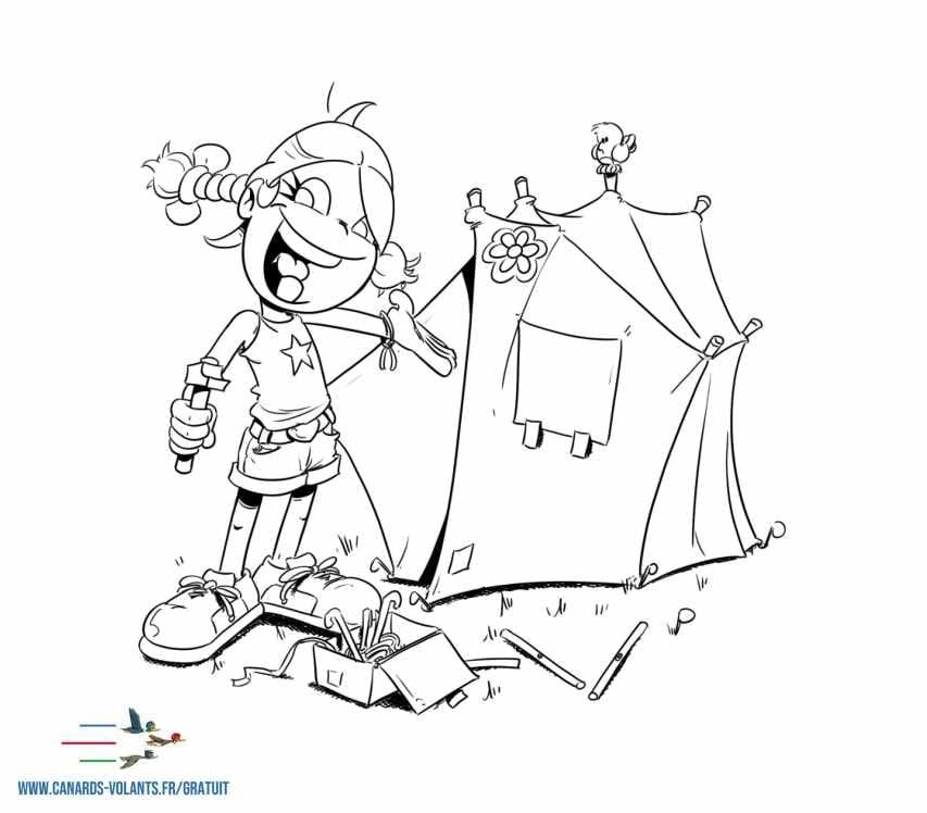 Coloriage d'été à imprimer : dessin au trait de Thérébentine qui monte une tente de camping, à colorier.