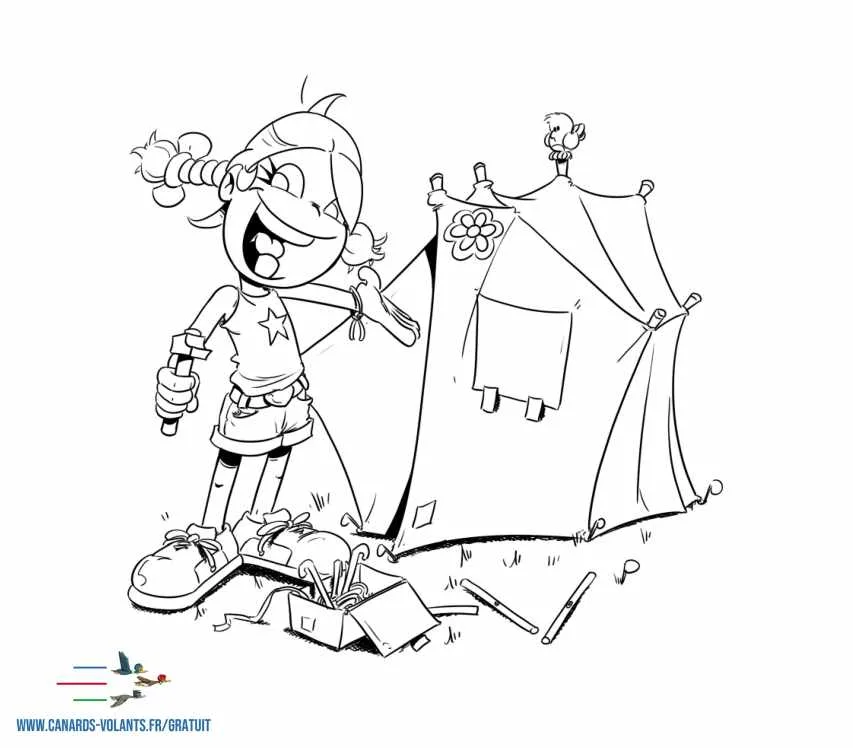 Coloriage d'été à imprimer : dessin au trait de Thérébentine qui monte une tente de camping, à colorier.