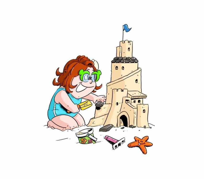 Coloriage d'été à imprimer, modèle en couleur : Hydrogène construit un château de sable avec seau, pelle et étoile de mer.