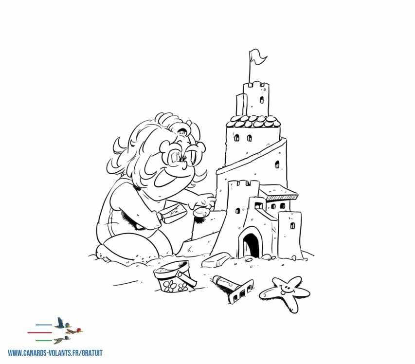 Coloriage d'été à imprimer : dessin au trait d'Hydrogène construisant un château de sable, à colorier.