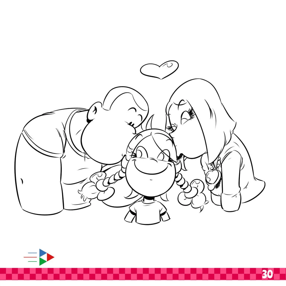 Coloriage d'anniversaire à imprimer : dessin au trait de Thérébentine qui reçoit un bisou de sa maman Rustine et de son papa, à colorier.