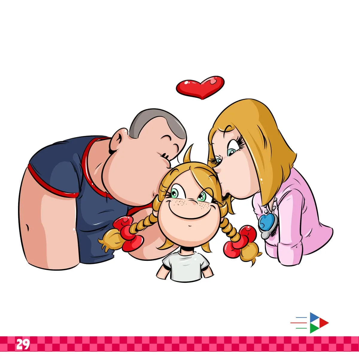 Coloriage d'anniversaire, modèle en couleur : Rustine et le papa de Thérébentine lui font un bisou sous un cœur rouge, version colorée à suivre pour ton coloriage.
